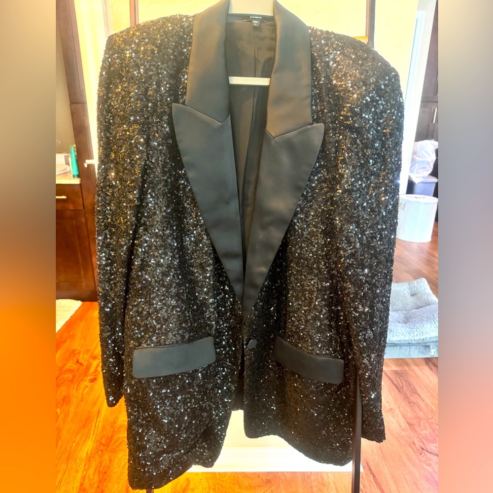 Express boyfriend black XL sparkling with sequins blazer with satin trim